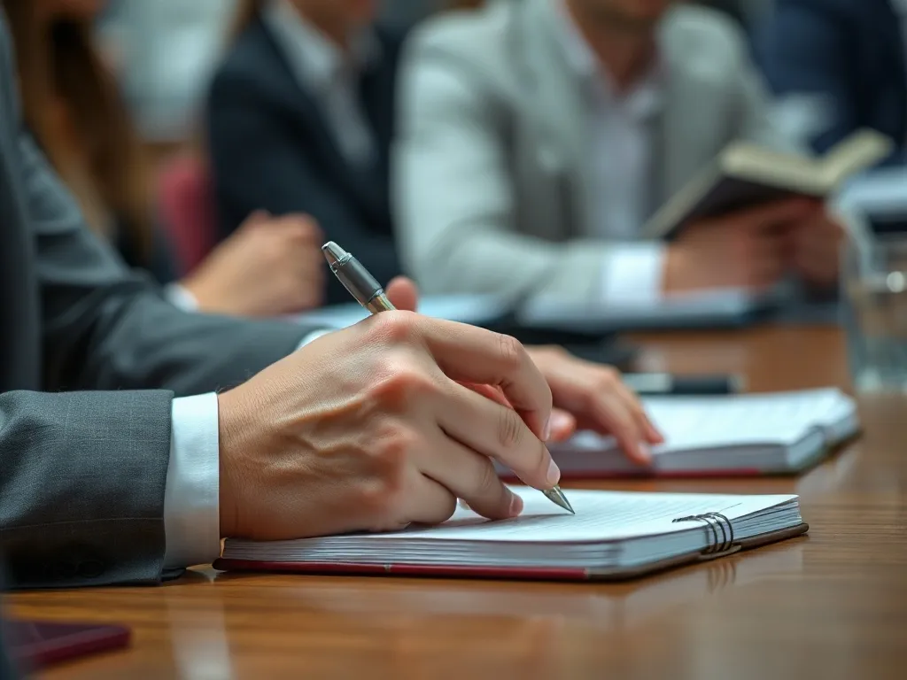Close up of hands writing on a notebook during a financial s