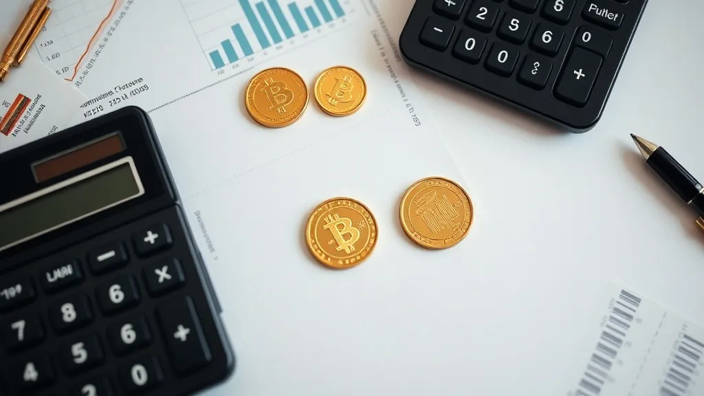 Close-up of financial documents, a calculator, and gold coin