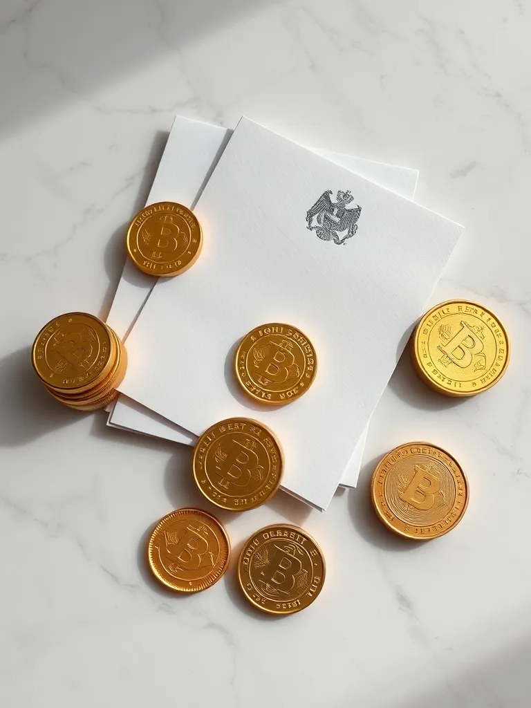 Minimalist composition of gold coins and official documents